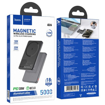 Внешний аккумулятор 5000 mAh HOCO Q26 Metal gray PD20W с беспроводной зарядкой. Емкость: 5000mAh 19.35Wh. Номинальная емкость: 3000mAh. Вход: Type-C: 18W. Выход: Type-C: 20W. Беспроводная зарядка: 5W/7.5W/10W/15W (MagSafe 7.5W).  LED-индикатор.
