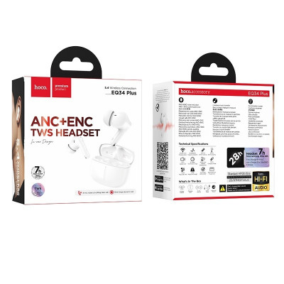 Гарнитура вакуумная Bluetooth HOCO EQ34 Plus Rima ANC+ENC White (App). Емкость аккумулятора: кейс 300mAh; гарнитура 40mAh Время работы: 7 часов (с ANC 6 часов). С APP.