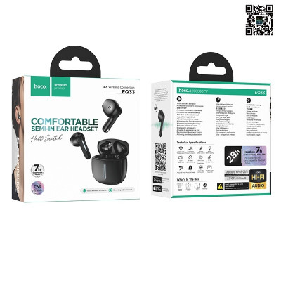 Гарнитура вкладыши Bluetooth HOCO EQ33 Black (App). Емкость аккумулятора: кейс 300mAh; гарнитура 40mAh. Время работы: 7 часов. С APP, поддержка переключателя Холла.
