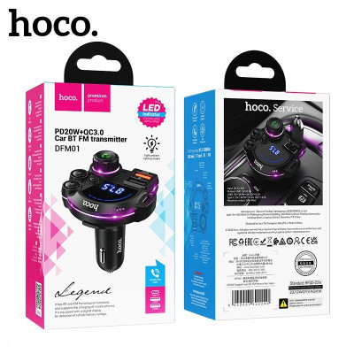FM-Модулятор Bluetooth/HandsFree HOCO DFM01. Входной сигнал DC12V-24V. Выход USB1: 5V 0.5A, USB2: 18 Вт, Type-C 20 Вт. Макс. 38 Вт. QC3.0. Поддержка воспроизведения Bluetooth, U-диска, TF-карты, громкой связи (ответ на звонок). Принцип работы: мобильный т