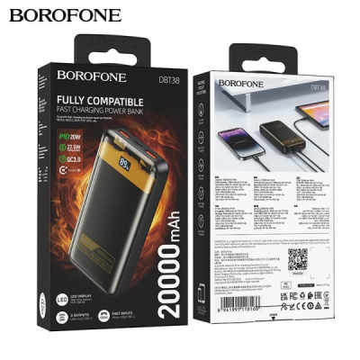 Внешний аккумулятор 20000 mAh Borofone DBT38 22.5W Black. Емкость: 20000 мАч 74 Втч, номинальная емкость 10800 мАч. Вход: Micro-USB 5V/2A, 9V/2A, 12V/1.5A. USB-C: 5V/3A, 9V/2A, 12V/1.5A. Выход: USB-C: 5V/2.4A, 9V/2.22A, 12V/1.67A. USB-A1/A2: 5V/4.5A, 4.5V