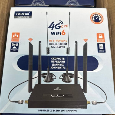 Wi-Fi роутер FaizFull FW22 4G CPE с поддержкой SIM, Black. Скорость передачи данных 300 мбит/с. 6 внешних высокоточных антен. Подключение до 16 устройств одновременно. Возможность блокировки диапазона.