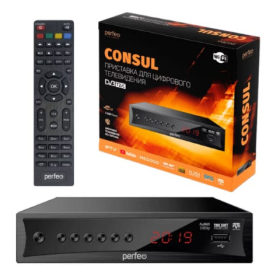 Цифровой ресивер эфирный DVB-T2/C Perfeo CONSUL, Wi-Fi, IPTV, HDMI, 2 USB, DolbyDigital, пульт ДУ. Принимает сигнал DVB-T/T2 и DVB-C. Возможность просмотра IPTV, YouTube и MEGOGO через Wi-Fi адаптер (адаптер в комплект не входит). Поддержка внешних жестки