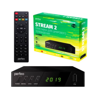Цифровой ресивер эфирный DVB-T2/С Perfeo STREAM-2, Wi-Fi, IPTV, HDMI, 2 USB, DolbyDigital, пульт ДУ. Принимает сигнал DVB-T/T2 и DVB-C. Возможность просмотра IPTV, YouTube и MEGOGO через Wi-Fi адаптер (адаптер в комплект не входит). Поддержка внешних жест