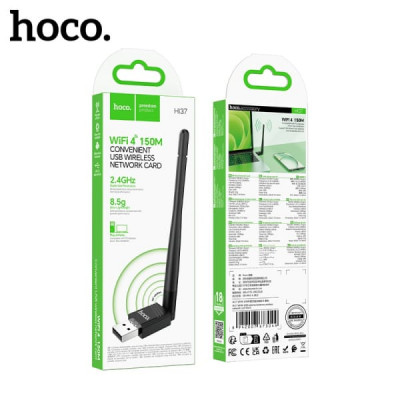WI-FI адаптер HOCO HI37 WiFi4 USB. Технические характеристики: RTL8188GUIP. Стандарт беспроводной связи:  IEEE802.11b/g/n. Частота беспроводной связи: 2,412-2,484 ГГц. Поддержка интерфейса: USB 2.0 (скорость передачи 150 Мбит/с). Метод шифрования: WPA-WEP