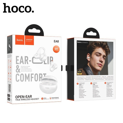 Гарнитура Bluetooth Hoco EA8 White с открытой конструкцией (клипса) (App). Емкость аккумулятора: зарядный кейс 350 мАч, наушники 35 мАч. Время работы: 6 часов. Материал: ABS; Размер: 68,4х53,3х33,2 мм; Общий вес: 50 г. С функцией приложения и поддержкой д
