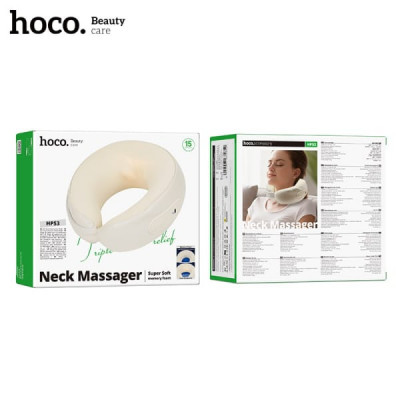 Массажер для шеи HOCO HP53 Beige. 360 гр.охватывающая шею. Плотный массаж с точным разминанием. Пост. ток 3.7В. Мощность 10Вт. Емкость акб 1200мАч, 18650. 5В/2А. Время массажа: 15 мин за сеанс. Тепловой компресс около 40 град. Материал: иск. кожа PU+дышащ