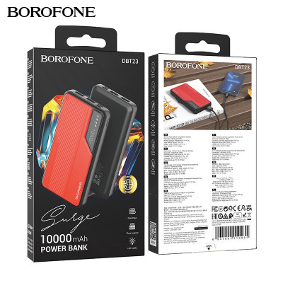 Внешний аккумулятор 10000 mAh Borofone DBT23 Black/Red. Емкость: 10000 мАч 37 Втч. Номинальная емкость: 5900 мАч. Вход: Micro/Type-C: 2A. Выход: USB1/2: 5V2.1A, общий выход: 5V2.1A. Дисплей: Светодиодный индикатор уровня заряда батареи. Материал: Огнестой