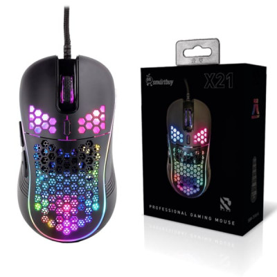 Мышь проводная игровая Smartbuy RUSH X21, черный. RGB-подсветка. 6 кн., 1200/1600/2400/3200/4800 dpi. Длина кабеля 1,5 м.