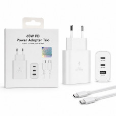СЗУ-USB-2USB-C (Type-C)-Type-C SM 1м, PD65W=65W, White. USB-C1 3.0 PD65W max. USB-C2 3.0 PD25W max. USB-A max 15W Super fast charning 2.0 (max45w).