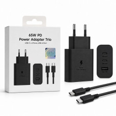СЗУ-USB-2USB-C (Type-C)-Type-C SM 1м, PD65W=65W, Black. USB-C1 3.0 PD65W max. USB-C2 3.0 PD25W max. USB-A max 15W Super fast charning 2.0 (max45w).