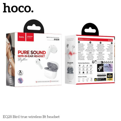 Гарнитура вкладыши Bluetooth HOCO EQ28 Midnight White. Емкость аккумулятора: кейс 320mAh; наушник 40mAh. Время работы: 7 часов. Материал ABS. Размер: 52х48 х27.5мм.