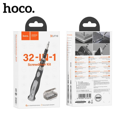 Набор отверток Hoco UT10 32в1 Grey/Black. Набор включает 1 магнитную рукоятку, 1 удлинительный стержень и 30 наиболее часто используемых насадок для отвёрток. Подходит для ремонта и использования бытовых приборов, таких как ноутбуки, мобильные телефоны, и