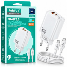 СЗУ-USB-USB-C (Type-C)-Type-C FAIZFULL FC208 1м, PD30W+QC 18W,быстрая зарядка, GaN, White