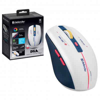 Мышь беспроводная игровая Defender Dila MM-282 белый+синий,LED,6D, 2.4, 1200/1400/1800dpi, емкость акб 500мАч, разъем Type-C для зарядки.