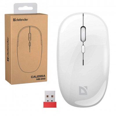 Мышь беспроводная DEFENDER Calessa MB-252, белый, 4кн, 2.4G+BT, 800/1200/1600/3200 dpi, емкость встр. акб 500мАч, радиус действия 15м, разъем Type-C для зарядки, кабель в к-те.
