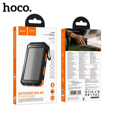 Внешний аккумулятор 8000 mAh HOCO J164 Black. Емкость: 8000 мАч 29,6 Втч Номинальная емкость: 4600 мАч. Вход: USB-C: 5 В/2 А; Солнечная энергия: 0,8 Вт. Выход: USB-A1/USB-A2: 5 В/2 А; Общая выходная мощность: 5 В/2 А. Светодиодный индикатор уровня заряда 