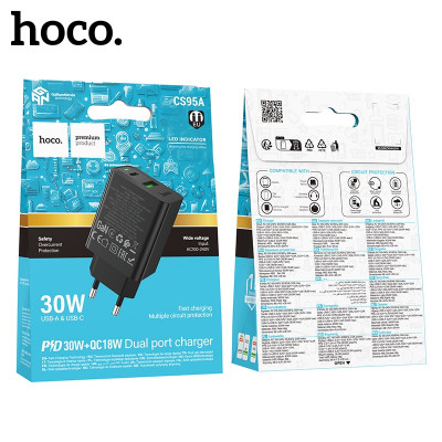 СЗУ-USB-USB-C HOCO CS95A PD30W+QC3.0 18W, Black. ВыходUSB-C: 30 Вт; USB-A: 18 Вт; USB-C+USB-A: 5 В/3 А