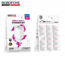 СЗУ-USB-USB-C (Type-C)-Lightning BOROFONE BAS83A 1м, PD20W+QC3.0 18W, White. USB-C+USB-A: 5V/3A.
