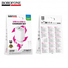 СЗУ-USB-USB-C (Type-C)-Type-C BOROFONE BAS83A 1м, PD20W+QC3.0 18W, White. USB-C+USB-A:5V/3A. Кабель C-C 60W