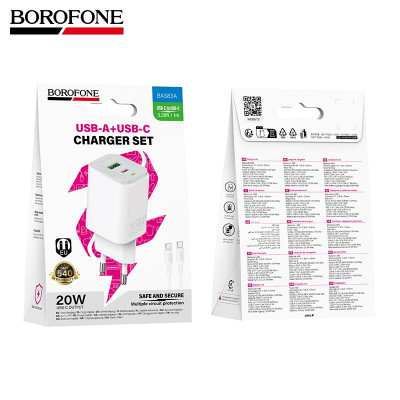 СЗУ-USB-USB-C (Type-C)-Type-C BOROFONE BAS83A 1м, PD20W+QC3.0 18W, White. USB-C+USB-A:5V/3A. Кабель C-C 60W