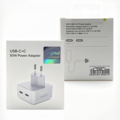 СЗУ-2USB-C Ip (ОРИГ) 50W=50W PD, без лого с наклейкой Original
