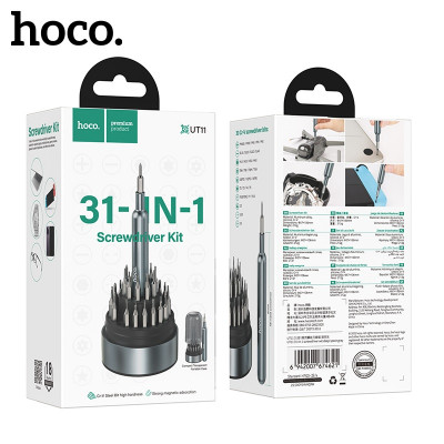Набор отвёрток HOCO UT11 31в1 Deep space gray. Включает одну магнитную рукоятку и 30 наиболее часто используемых насадок для отверток. Подходит для ремонта и использования бытовых приборов, таких как ноутбуки, мобильные телефоны, игровые приставки, очки и