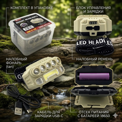 Фонарь налобный HX-817 (COB+5LED, 5 режимов (в т.ч. красный
+синий одновр мигающий1х18650, кабель Type-C).