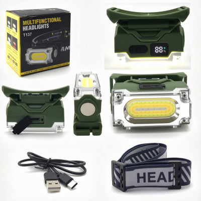 Фонарь налобный Lightess T137 Green (Кабель Type-C для зарядки, LED-белый - 4 режима, красный - 2 режима, LED-дисплей показывает уровень заряда в % ). Магнит.