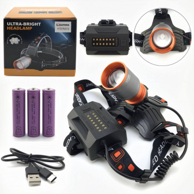 Фонарь налобный HYT50-PM20-TG (1 режим+3 режима кейс, ZOOM, АКБ 3x18650 1200mAh, кабель Type-C для зарядки)