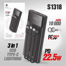 Внешний аккумулятор 10000 mAh Deespi DP22 PD20W,Fast 22.5W,дисплей, с проводами, Black