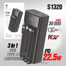 Внешний аккумулятор 30000mAh Deespi DP24 PD20W, Fast 22.5W,  дисплей, с проводами, Black