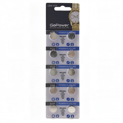 Батарейка GoPower G10/LR1130/LR54/389A/189 BL10 Alkaline 1.5V (10/100/3600)