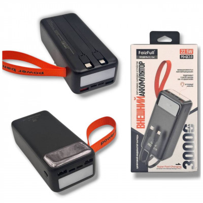 Внешний аккумулятор 30000 mAh FaizFull FL154 PD22.5W+QC3.0 Black. Заряжает при помощи выхода Type-C. Поддерживает 2 кабеля и выходы USB+PD одновременно. Встроенный фонарик.