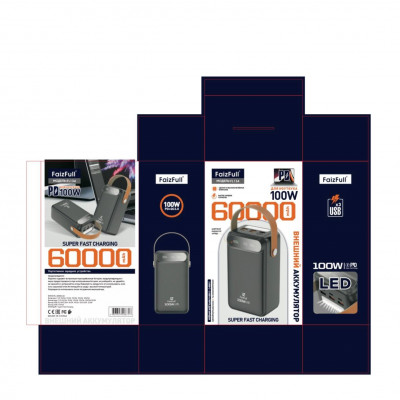 Внешний аккумулятор 60000 mAh FaizFull FL134 100 Black. Цифровой индикатор заряда. USBx 3, USB-C х2 порта для зарядки. Подходит для зарядки ноутбука