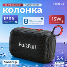 Портативная колонка FaizFull Sonar Q7 Black 15W IPX5 BT5.4. TWS, IPX5, MicroSD, USB-флеш. Емкость аккумулятора 1200 мАч. Время зарядки: 2,5 часа. Время работы: 2 часа. Расстояние 10м. Вход питания Type-C. FM-радио.