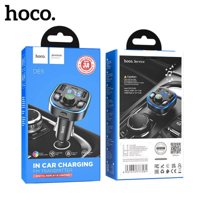 FM-Модулятор Bluetooth/HandsFree HOCO DE5 Black АКЦИЯ!!! (В упаковке 3шт) Материал: AB  Bluetooth: V5.0 JL  Выход: USB2/Type-C: 5V2.4A; USB1: 5V1A  Экран: синий, с определением напряжения  Функция: диск Bluetooth+U/TF-карта Световой эффект: 8 цветовых гра