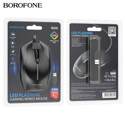 Мышь проводная Borofone BG10 Black АКЦИЯ!!! КРАТНО 3шт!!!Материал: АБС-пластик. Размер: 110x65x39 мм, вес: 77 г. Чип: Ка3 Б. Метод соединения: проводной USB. Длина провода: 1,5 м. Точек на дюйм: по умолчанию 1000. Срок службы: 3 миллиона нажатий переключа