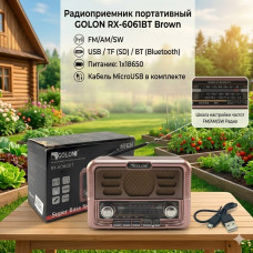 Радиоприемник портативный GOLON RX-6061BT Brown(FM/AM/SW, USB, TF, BT, 1х18650, кабель MicroUSB)