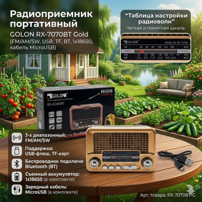 Радиоприемник портативный GOLON RX-7070 BT Gold (FM/AM/SW, USB, TF, BT, 1х18650, кабель MicroUSB)