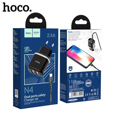 СЗУ-2USB Lightning HOCO N4 1м, 2.4A, Black  АКЦИЯ! кратно  3  шт!