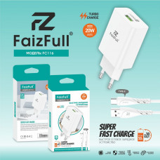 СЗУ-USB Type-C FAIZFULL FC116 1м, QC3.0A, 20W, White  АКЦИЯ! кратно  10 шт!