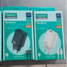 СЗУ-USB-USB-C (Type-C)-Type-C FAIZFULL FC208 1м, PD30W+QC 18W,быстрая зарядка, GaN, Black