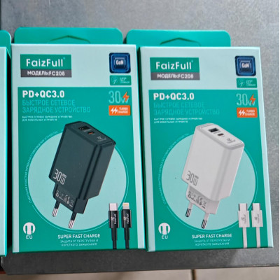 СЗУ-USB-USB-C (Type-C)-Type-C FAIZFULL FC208 1м, PD30W+QC 18W,быстрая зарядка, GaN, Black