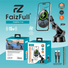 Держатель мобильного телефона на присоске FaizFull F140, Black с функцией беспроводной зарядки 15W +кулер охлаждения (вход: 5В-3А, 9В-2,22А; выход: 5Вт,7,5Вт,10 Вт, 15Вт макс., частота 105-205 кГц, регулируемая выдвижная ножка, нужный угол наклона, в комп