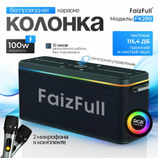 Портативная колонка FaizFull FK280 100W Black+2 беспров микрофона. ВТV5.3, TWS, IPX5, TF, AUX, размеры динамиков 78мм х 2, RGB, аудиопорты: 3,5мм, 6,5 мм, три режима эквалайзера, Емкость АКБ 6000mAh. Время зарядки 2-3 часа, сенсорное управление (ремешок, 