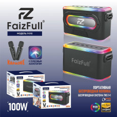 Портативная колонка FaizFull FK90 Black+2 беспроводных микрофона.100W BT V5.0. Время воспроизведения 8-10ч. Время зарядки: 5-6ч. Батарея: 6000 мАч. Кабель для зарядки Туре-С, кабель AUX , аудиопорты: 3,5мм, 6,5 мм.Водонепроницаемость IPX5. Поддержка функц