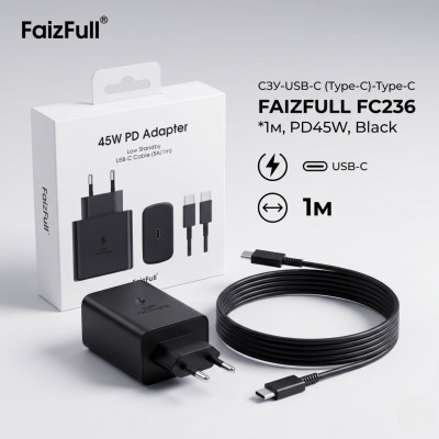 СЗУ-USB-C (Type-C)-Type-C FAIZFULL FC236 1м, PD45W, Black