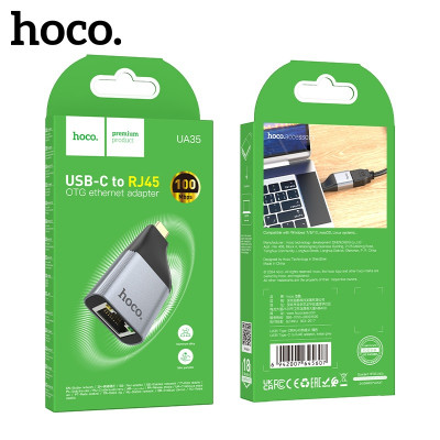 Адаптер НОСОUA35 Type-C to RJ45 Metal grey (Материал: Алюминиевый сплав + ABS, интерфейс: штекер Type-C к гнезду RJ45, поддерживает сетевые стандарты: 100/10 Мбит/с)