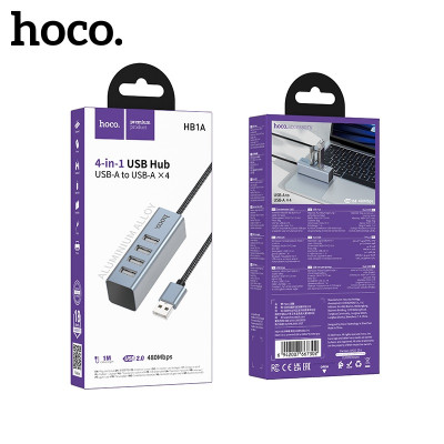 USB HUB 4 порта Hoco HB1A 4-в-1 (USB в USB 2.04) (Алюминиевый сплав + плетеная проволока, Размер: 94,6х15х7,5 мм, Интерфейс: USB-USB 2.0  4, Теоретическая скорость передачи: до 480 Мбит/с, Возможность одновременного использования 4 USB-портов)